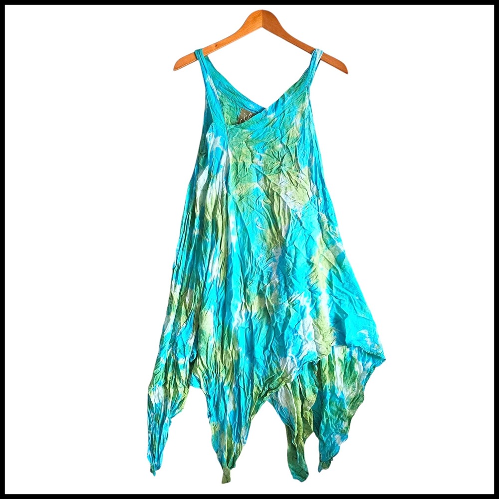 Yes World Boutique Tie Dye Handkerchief Dress Sleeveless Casual Blue Green M